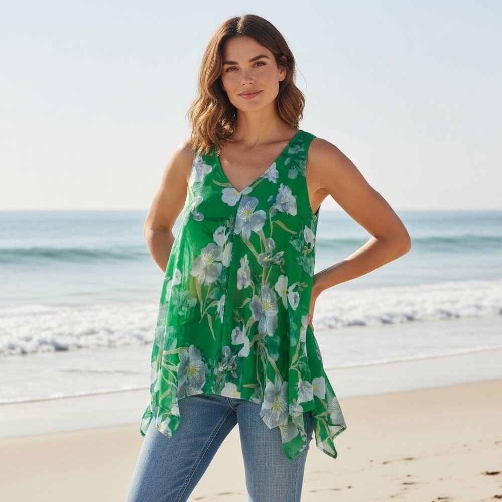 INC International Concepts Floral Asymmetrical Hem Tank Top Women L Green Flowy